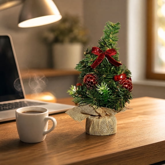 BUDAO00 Tabletop Christmas Tree 9” Mini Artificial Christmas Tree, Miniature Pine Tree, Tabletop Small Xmas Tree with Burlap Weighted Base, for Christmas Table Center Piece (I)