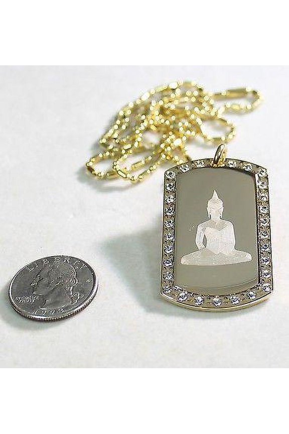 BUDDHA IMAGE ENGRAVED,GOLD PLATED, CZ, BLING, DOG TAG, NECKLACE