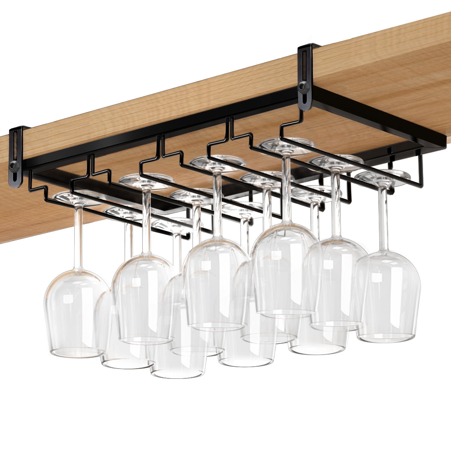 BUDO Hanging Wine Glass Rack Under Stemware Holder Black Metal Wine Glass Storage Hanger