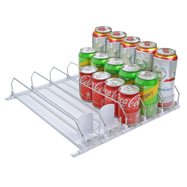 BUDO Soda Can Organizer for Fridge, Self-Pushing Drink Holder for  Refrigerator, Adjustable Width Beverage Water Beer Storage for Kitchen  Pantry, White, 12.2 Depth 