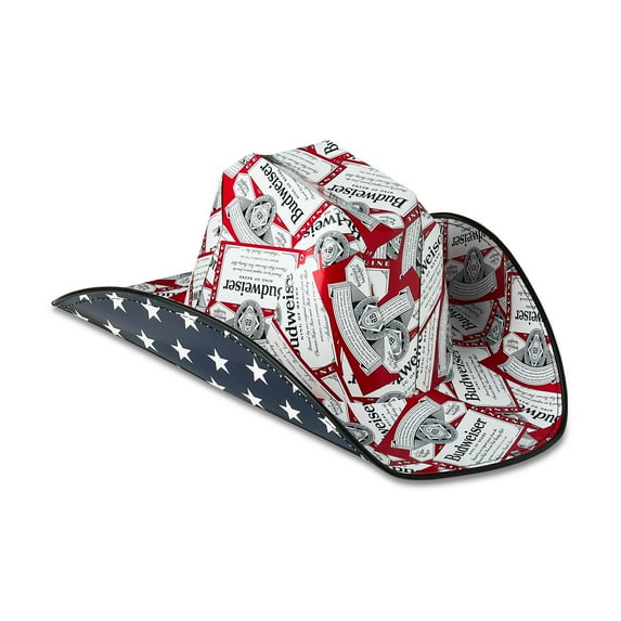 4th of July Budweiser Beer Label Cardboard Cowboy Hat in Red, Adult Unisex Cowboy Hat, OSFM