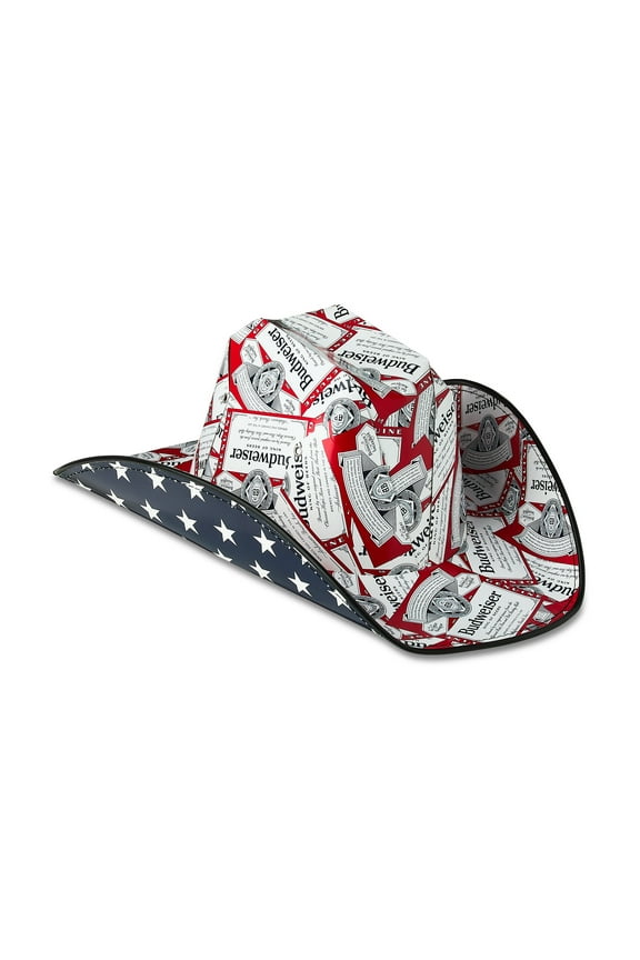 4th of July Budweiser Beer Label Cardboard Cowboy Hat in Red, Adult Unisex Cowboy Hat, OSFM