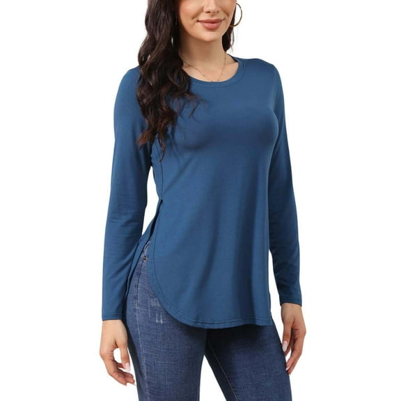 BUENOS NINOS Women's Long Sleeve Tops Tunic Casual Fall Shirts T Shirt Loose Blouse with Side Split