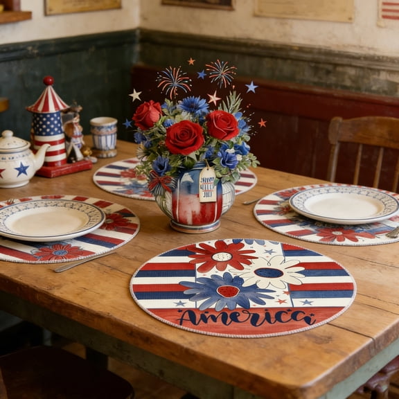 BUERCWS Heat Resistant Independence Day Table Mats Set of 4 - Patriotic 4th of July Placemats, Red White Blue Star Linen Placemats for Dining Table