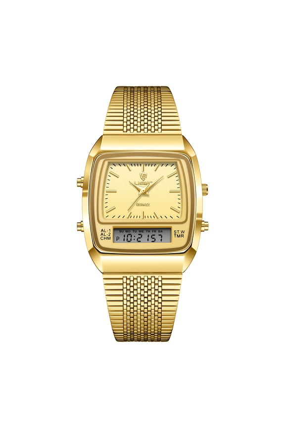 Professional & Casual Quartz Watch - Dual-Display Tech, 2-Tone Steel Bracelet, 30M Water Resist., LED Backlit Screen, Day/Date/Alarm, Magnetic Clasp for Easy Wear