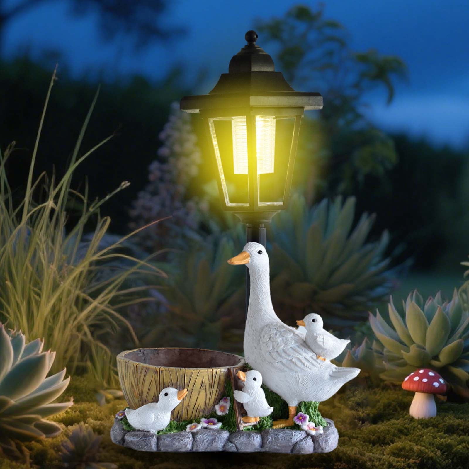 BUERCWS Solar Garden Decor - Resin Duck Flower Pot Statue with LED Light, Outdoor Yard Art for Patio, Lawn, Backyard Decoration