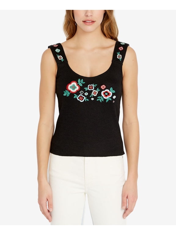 $49 Womens New 1163 Black Ribbed Knit Embroidered Tank Top M B+B