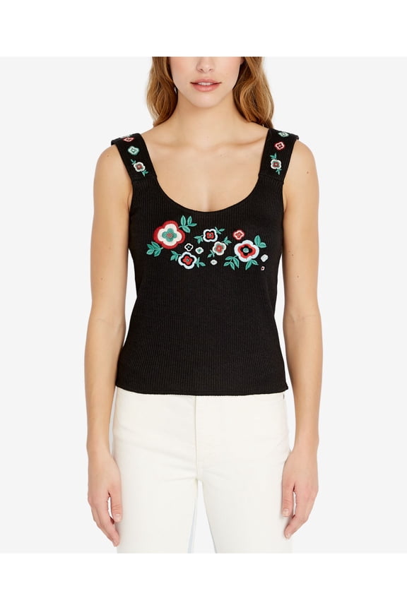 $49 Womens New 1163 Black Ribbed Knit Embroidered Tank Top M B+B