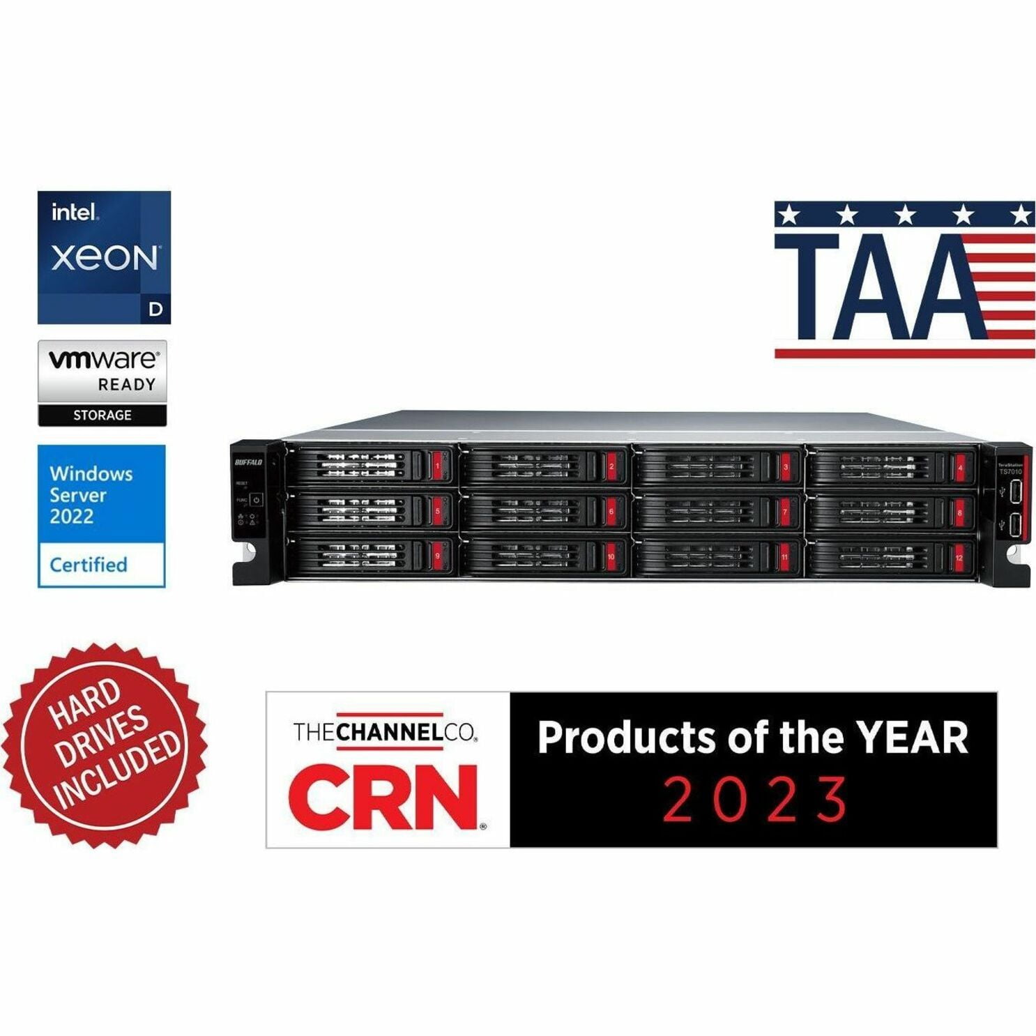 BUFFALO TeraStation 12-Bay 71210 96TB (12x8TB) High-Performance Rackmount NAS Hard Drives Included - Intel Xeon D-1713NT Quad-core (4 Core) 2.20 GHz - 12 x HDD Supported - 240 TB Supported HDD Capa...