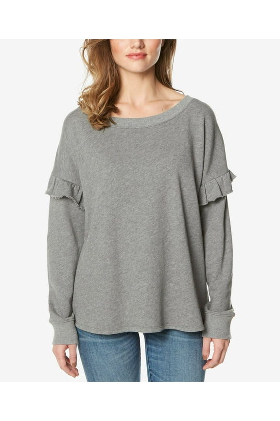 Womens Gray Ruffled Long Sleeve Crew Neck Sweater XS