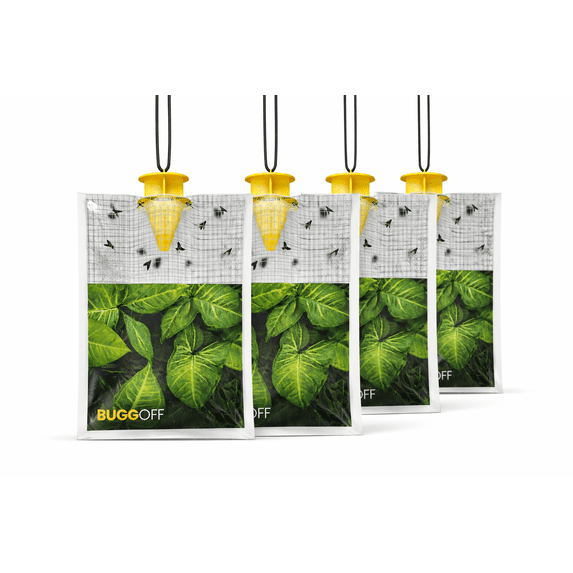 BUGGOFF 4 Pack Outdoor Disposable Hanging Fly Traps with Natural Pre-Bait, Portable