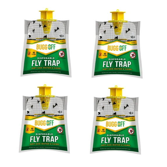 BUGGOFF 4 Pack Outdoor Disposable Hanging Fly Traps with Natural Pre-Bait, Portable