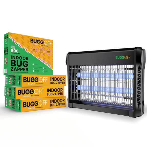 BUGGOFF Indoor Electric Bug Zapper, 800 SQFT Coverage, 3500 Volts of Stunning Power, 20 Watts, Kills Mosquitos Gnats, Flys & More. 10 Year Warranty, X2 Free Replacement Bulb (4 PACK)