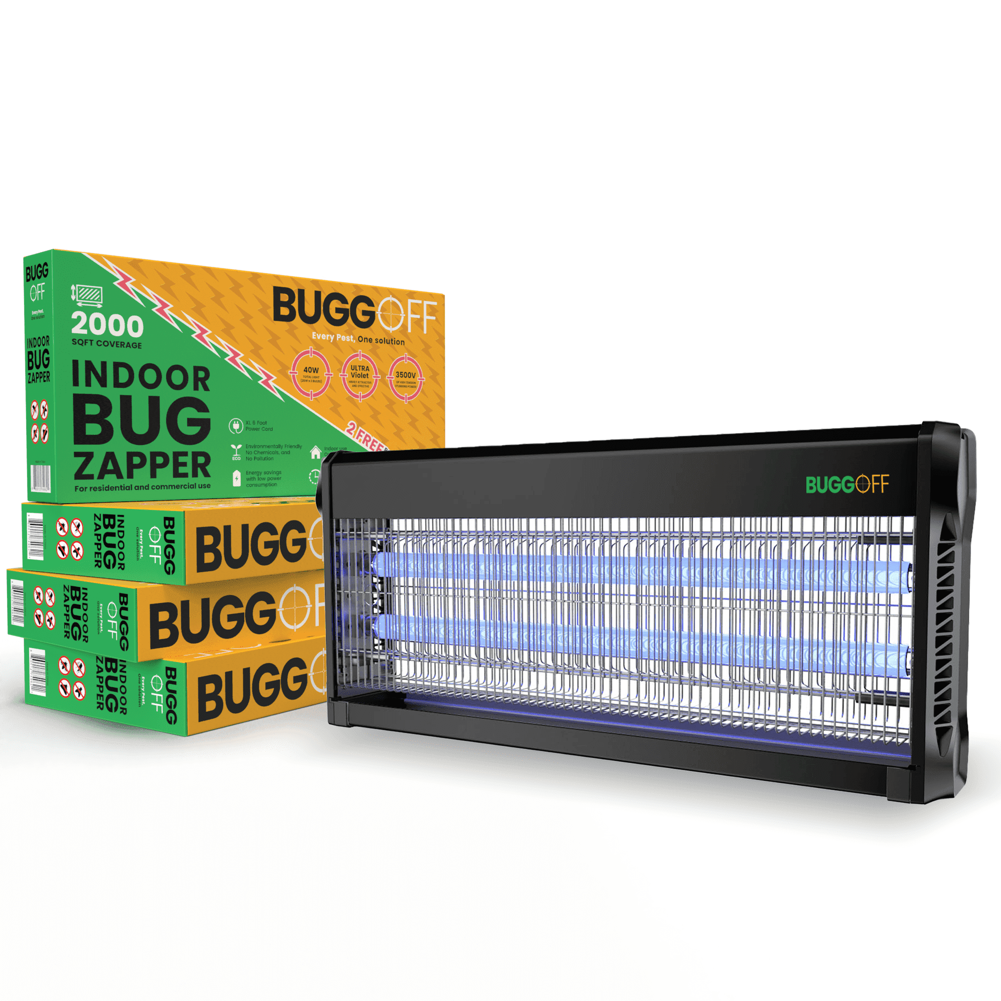 BUGGOFF Indoor Electric Bug Zapper, 2000 SQFT Coverage, 3500 Volts of Stunning Power, 40 Watts, Kills Mosquitos Gnats, Flys & More. 10 Year Warranty, X2 Free Replacement Bulb (4 PACK