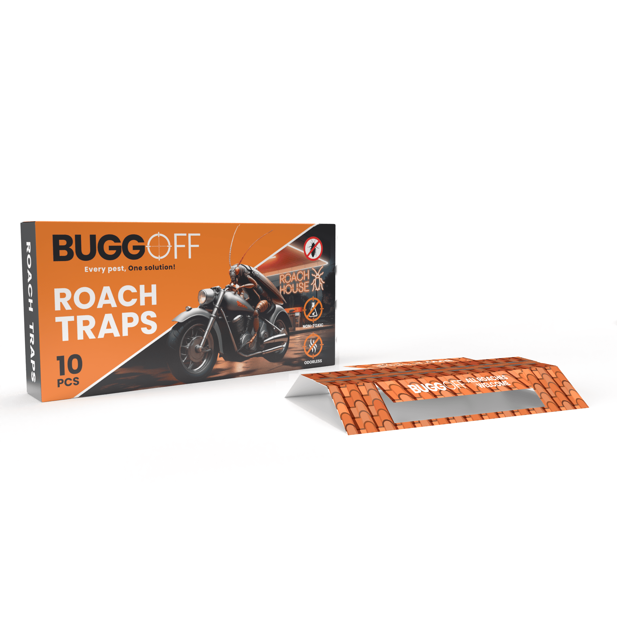 BUGGOFF - Roach House Trap 10 Pack, Baited Glue Traps, Cockroach Killer Indoor & Outdoor, Great for Home, Office, Warehouse & More!  Sticky Pest Control Trap