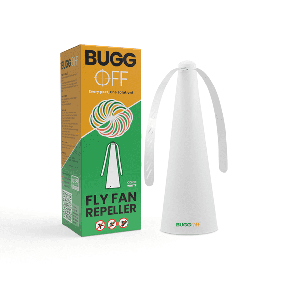 BUGGOFF White Fly & Flying Insect Repellent Fan with Twin Blades, Table top & Hangable, Rechargeable USB C. Safe Blades with Auto Stop