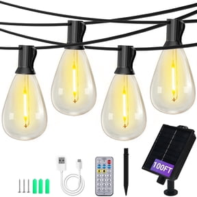100FT Solar String Lights Waterproof,Patio Lights Solar Powered with Remote & USB Port 25+1 S14 LED Shatterproof Bulbs 11 Light Modes,Dimmable Solar Lights for Christmas,Backyard,Garden