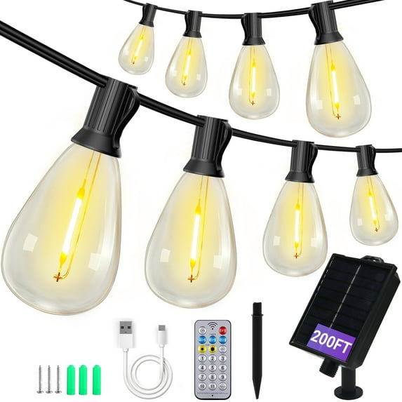 BUGHUT 200FT Solar String Lights Waterproof,Patio Lights Solar Powered with Remote & USB Port 50+2 LED Shatterproof Bulbs 11 Light Modes,Dimmable Solar Lights for Christmas