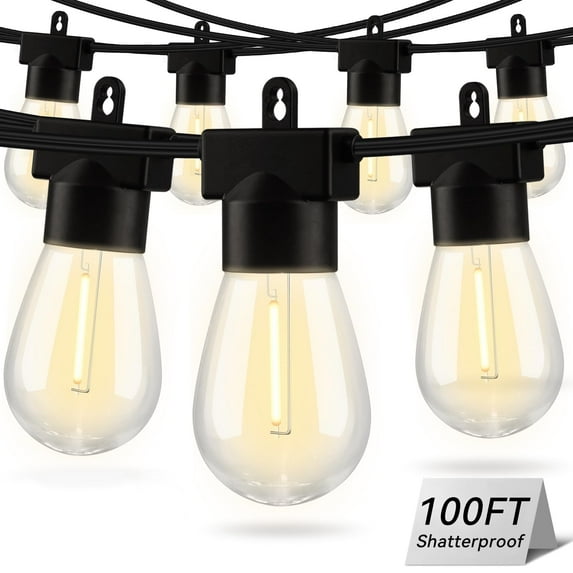 BUGHUT Outdoor String Lights 100FT,Patio Lights with LED Waterproof Shatterproof Bulbs for Outside Porch Backyard Gazebo Garden,2700K,Black
