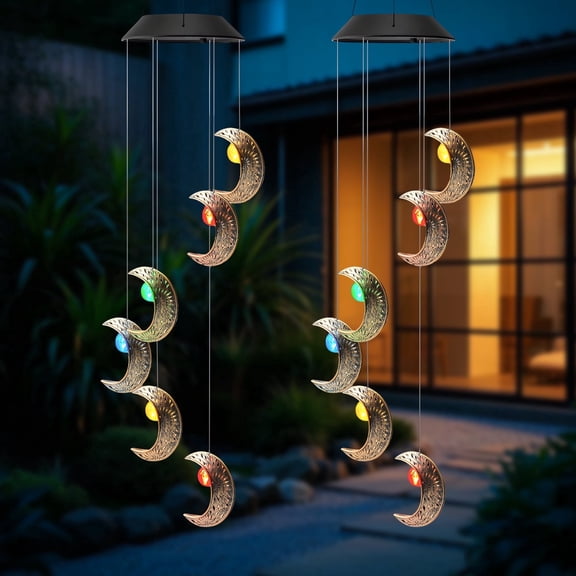 BUGHUT Solar Wind Chimes with Moon,Color Changing LED Windchimes, Outdoor Hanging Lights, Unique Garden Decor Gifts for Mom, Grandma, Wife, Neighbors