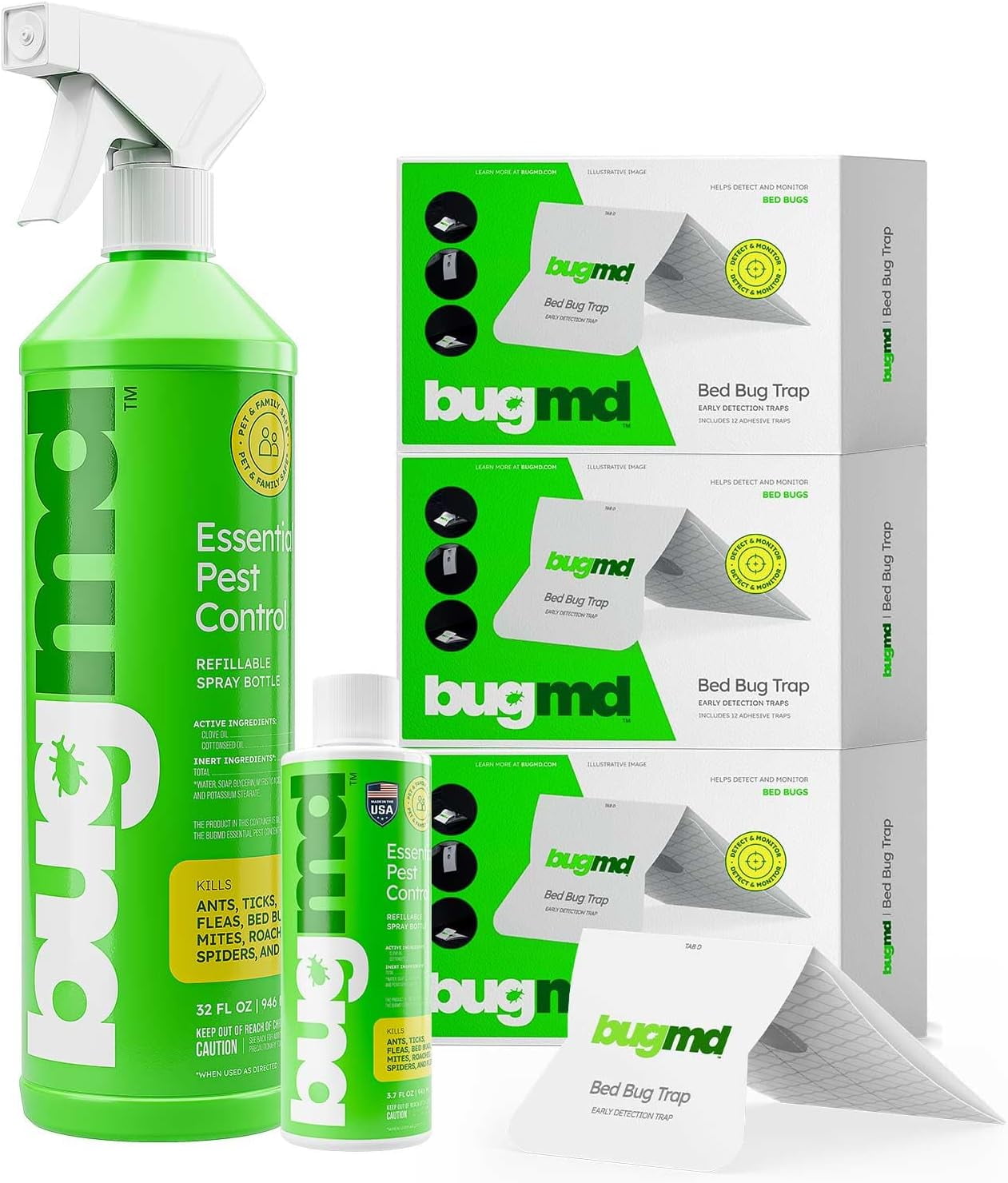 BUGMD Bed Bug Trap (3 Pack), BUGMD Essential Pest Control Concentrate (1 Pack) and Spray Bottle 32 oz (1 Pack) Bundle