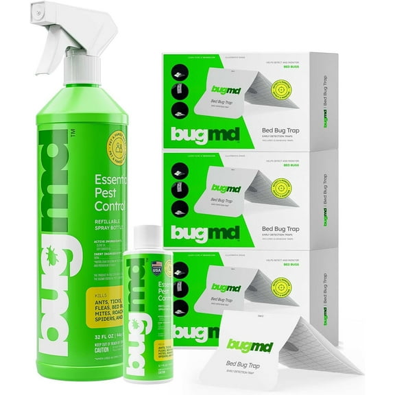 BUGMD Bed Bug Trap (3 Pack), BUGMD Essential Pest Control Concentrate (1 Pack) and Spray Bottle 32 oz (1 Pack) Bundle