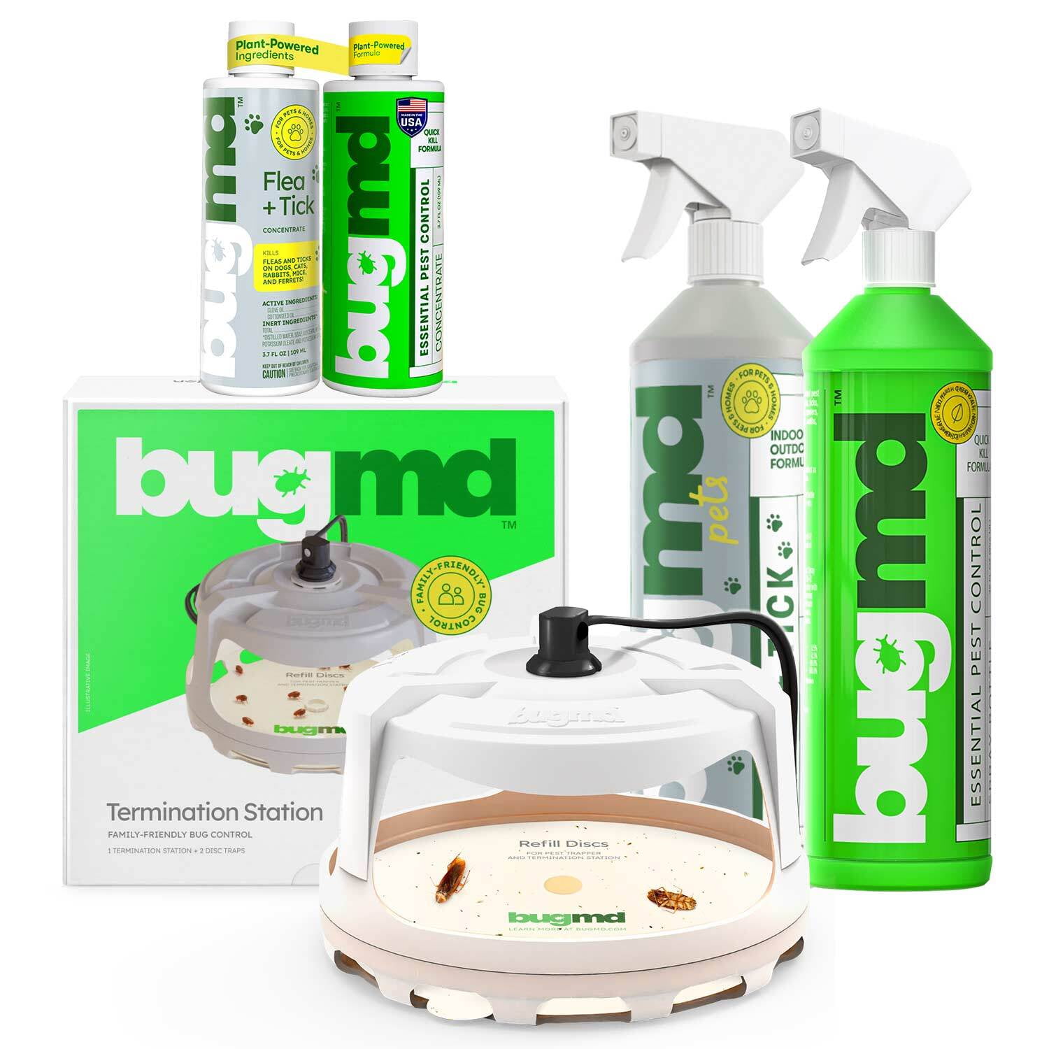 BUGMD Flea and Tick Concentrate (1 Pack), BugMD Essential Pest Control  Concentrate (1 Pack), BugMD Termination Station (1 Pack) and Spray Bottle  32 oz