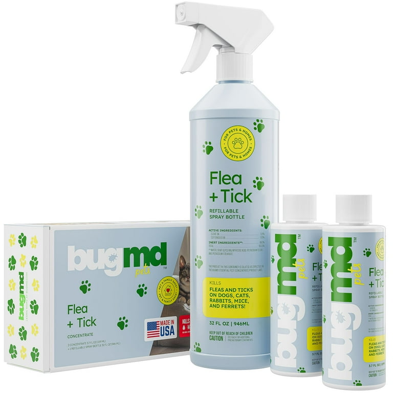 BUGMD Flea and Tick Spray Essential Oil Powered Formula Controls Fleas Ticks Mites in Dogs Cats and Other Furred Animals Spray on Pet Beds