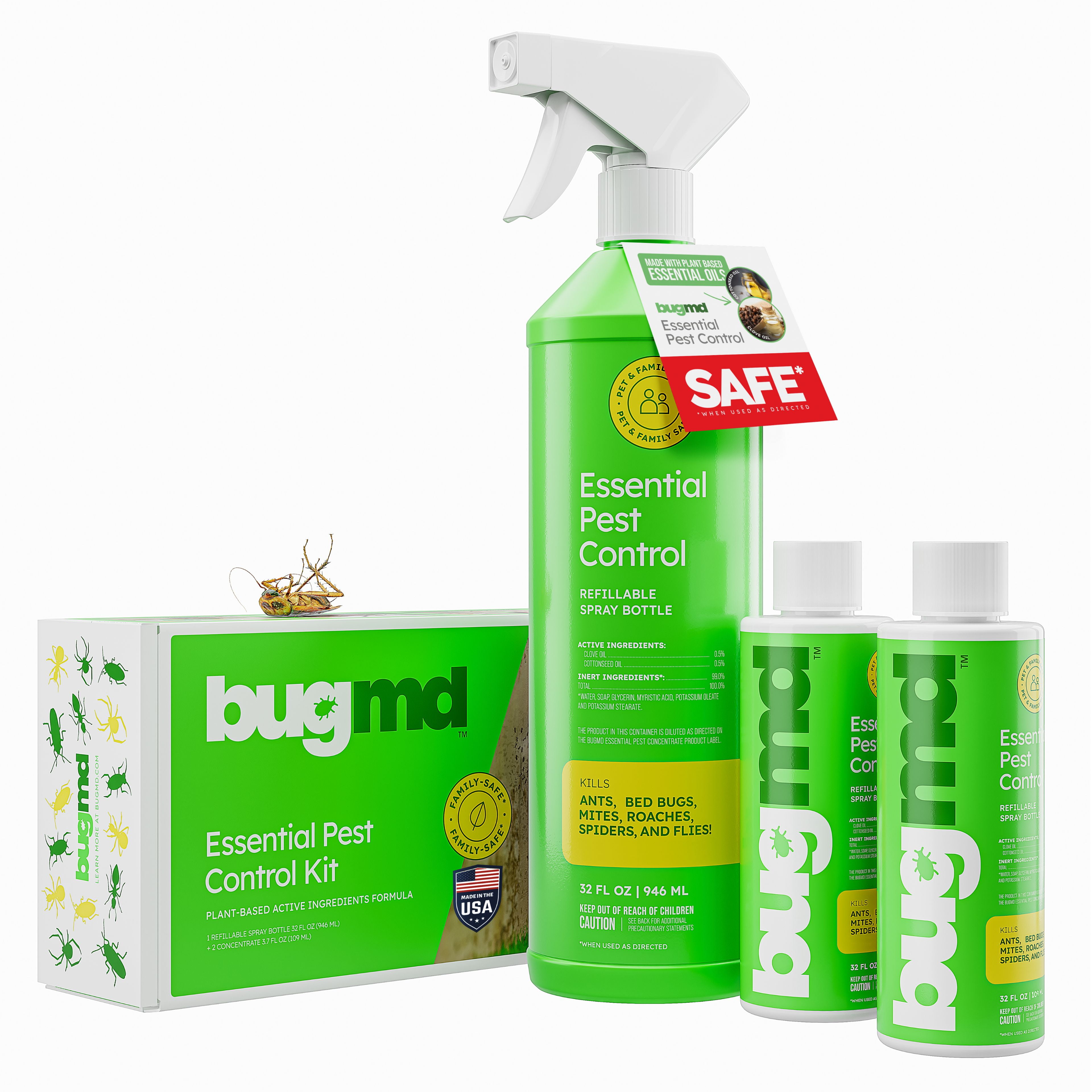 BUGMD Starter Kit - Pest Control Essential Oil Concentrate (2 Pack, 3.7 oz) and Reusable Spray - Plant-Powered Bug Spray for Home, Kills Ants, Fleas, Mosquito, Roaches, Bed Bug Killer