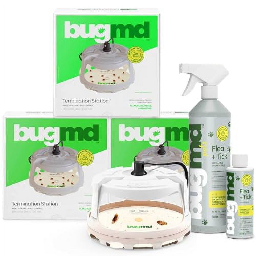 BUGMD Termination Station Pest Trapper (3 Pack), BugMD Flea and Tick  Concentrate (1 Pack) and Spray Bottle32 oz (1 Pack) Bundle