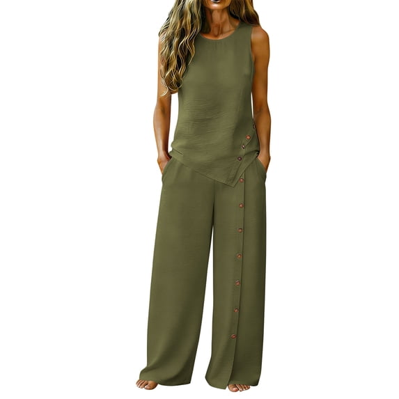 BUIGTTKLOP 2 Piece Outfits for Women Summer Suits Matching Set Sleeveless Tops Wide Leg Pants with Button Beach Vacation Clothes