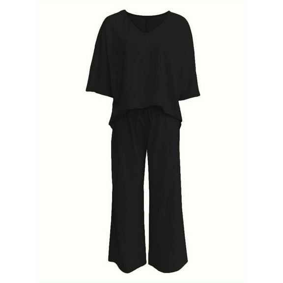 BUIGTTKLOP 2 Piece Sets for Women Matching Lounge Sets Short Sleeve V Neck Top Wide Leg Pants Summer Outfits