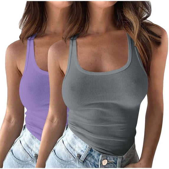 BUIGTTKLOP 2PC Plus Size Ribbed Knit Tank Tops for Women Spaghetti Strap Camisoles Sleeveless Shirts Scoop Neck Fitted Basic Tees