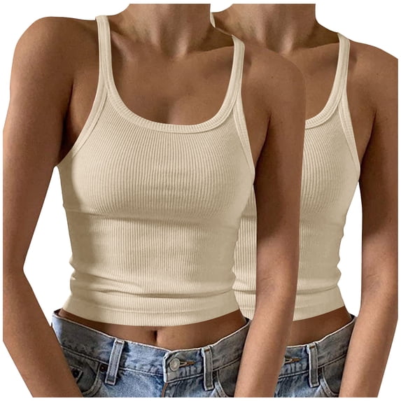 BUIGTTKLOP 2PC Plus Size Ribbed Knit Tank Tops for Women Spaghetti Strap Camisoles Sleeveless Shirts Scoop Neck Fitted Basic Tees