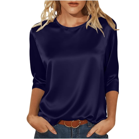 BUIGTTKLOP 3/4 Length Sleeve Womens Tops Crewneck Summer Top Solid Color T Shirts Dressy Casual Blouses