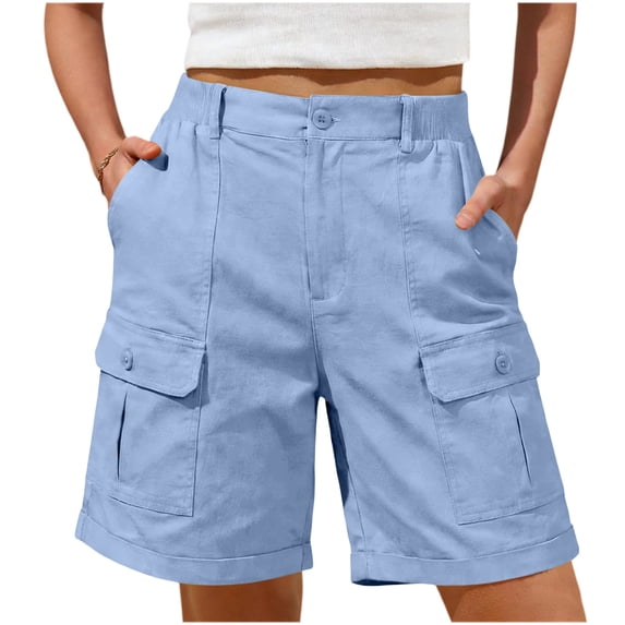 BUIGTTKLOP BUIGTTKLOP Cargo Shorts for Women High Waisted Knee Length 6 Pockets Elastic Waist Long Shorts for Summer Casual