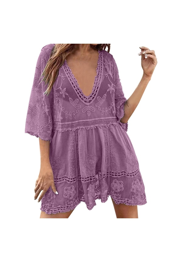 Beach Dress for Women Short Sleeve Summer Cover ups Lace Deep V-Neck Swimsuit Loose Swimwear Beachwear