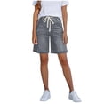 thumbnail image 1 of BUIGTTKLOP Bermuda Jean Shorts for Women Long Knee Length Drawstring High Waisted Stretch Denim Shorts, 1 of 6