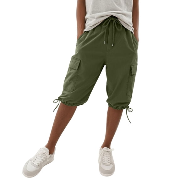 BUIGTTKLOP Bermuda Shorts for Women Knee Length Drawstring Elastic Waist Cargo Shorts Casual Summer with Pockets
