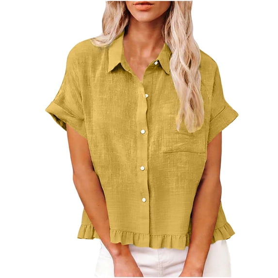 BUIGTTKLOP Button down Shirts for Women Short Sleeve Shirts Ruffle Hem Collared Summer Beach Tops