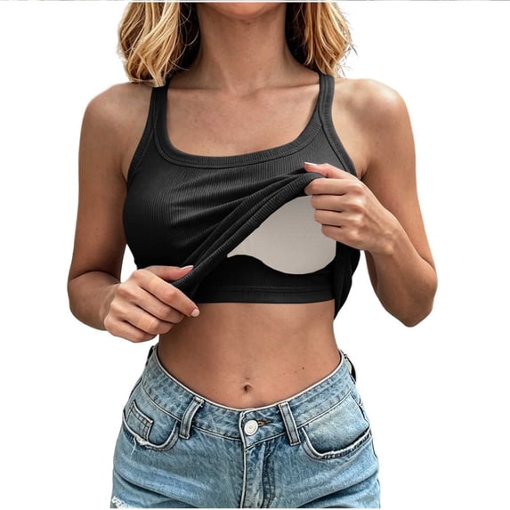 BUIGTTKLOP Camisole Tops for Women Built in Bra Spaghetti Strap Tank Tops Scoop Neck Ribbed Slim Fitted Basic Tees