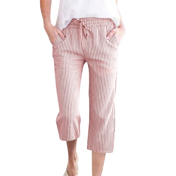 BUIGTTKLOP Capri Pants for Women Drawstring High Waisted Cropped Lounge Pants Striped Straight Leg Summer Beach Capris with Pockets