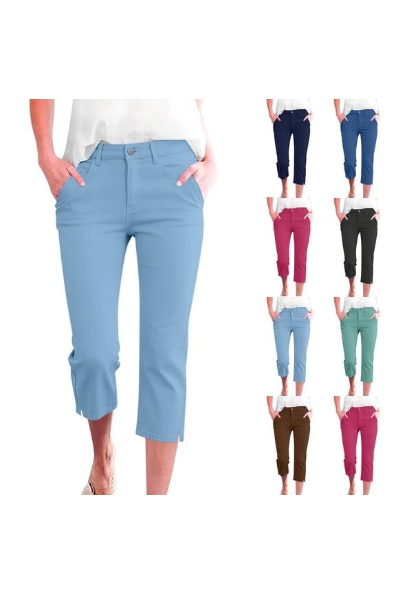 Capri Pants for Women High Waisted Dress Capris Side Split Straight Leg Stretchy Cropped Work Pants with Pockets