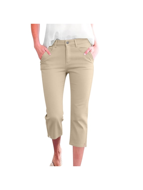 Capri Pants for Women High Waisted Dress Capris Side Split Straight Leg Stretchy Cropped Work Pants with Pockets