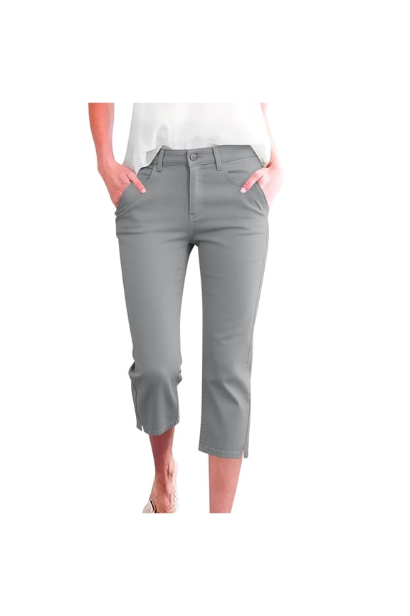 Capri Pants for Women High Waisted Dress Capris Side Split Straight Leg Stretchy Cropped Work Pants with Pockets
