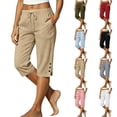 thumbnail image 1 of BUIGTTKLOP Capri Pants for Women Split Button Elastic Waist Cotton Linen Capris Drawstring Summer Casual Cropped Trousers with Pockets, 1 of 8