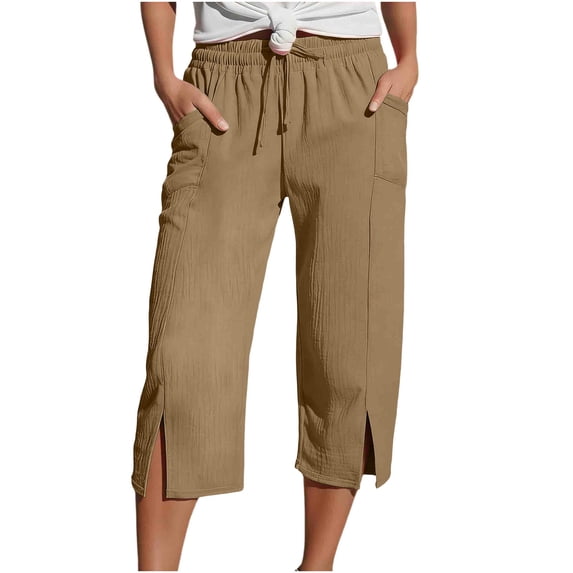 BUIGTTKLOP Capri Pants for Women Straight Leg Elastic Waist Cropped Trousers Beach Vacation Clothes with Pockets