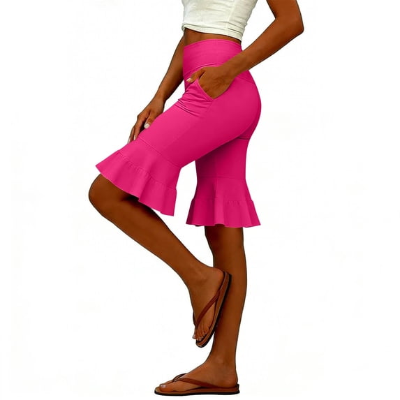 BUIGTTKLOP Capri Pants for Women Stretch Yoga Dress Pants with Pockets Ruffle Bell Bottom Athletic Work Leggings