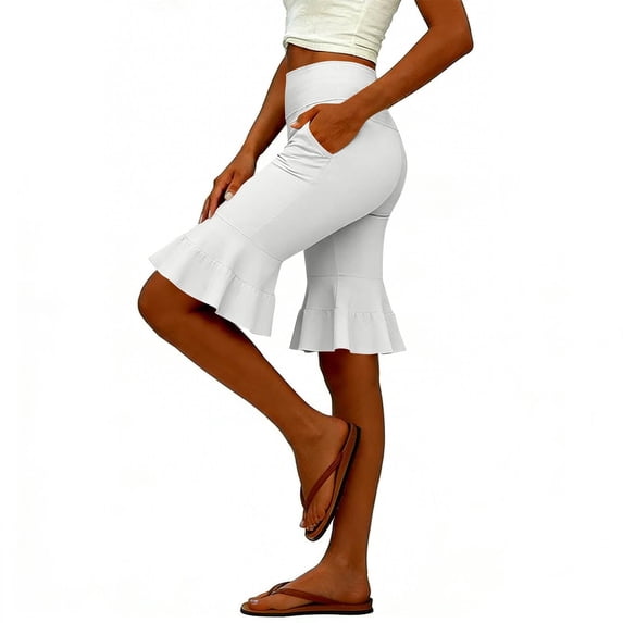 BUIGTTKLOP Capri Pants for Women Stretch Yoga Dress Pants with Pockets Ruffle Bell Bottom Athletic Work Leggings