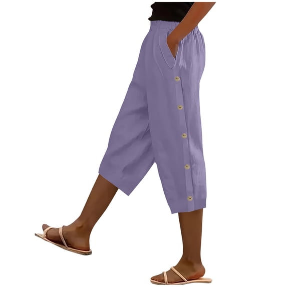 BUIGTTKLOP Capris for Women High Waisted Cropped Lounge Pants Side Button Summer Beach Capri Pants with Pockets